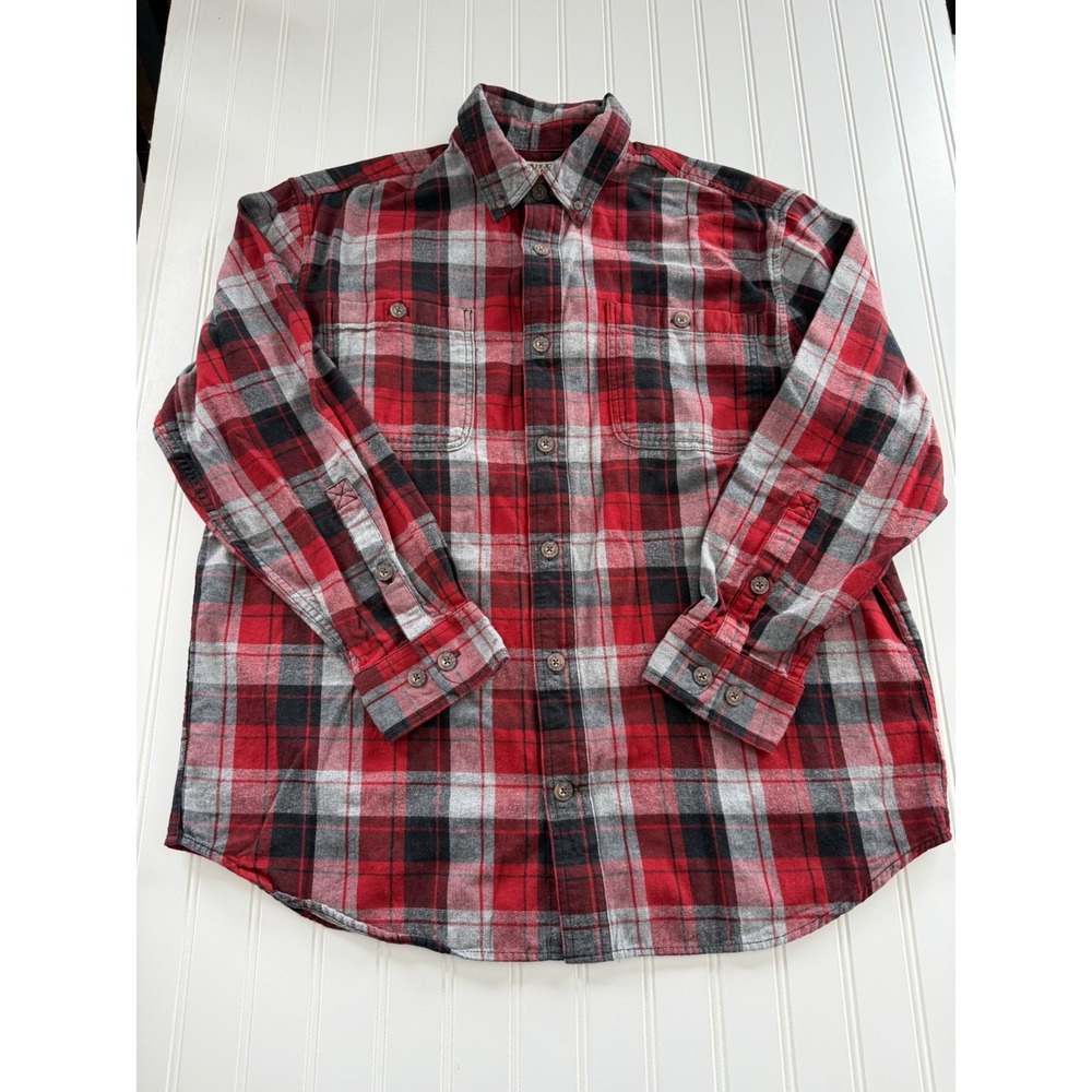 Duluth Trading Mens Flannel Shirt Size L Red Gray Black Plaid Button-Up Cotton